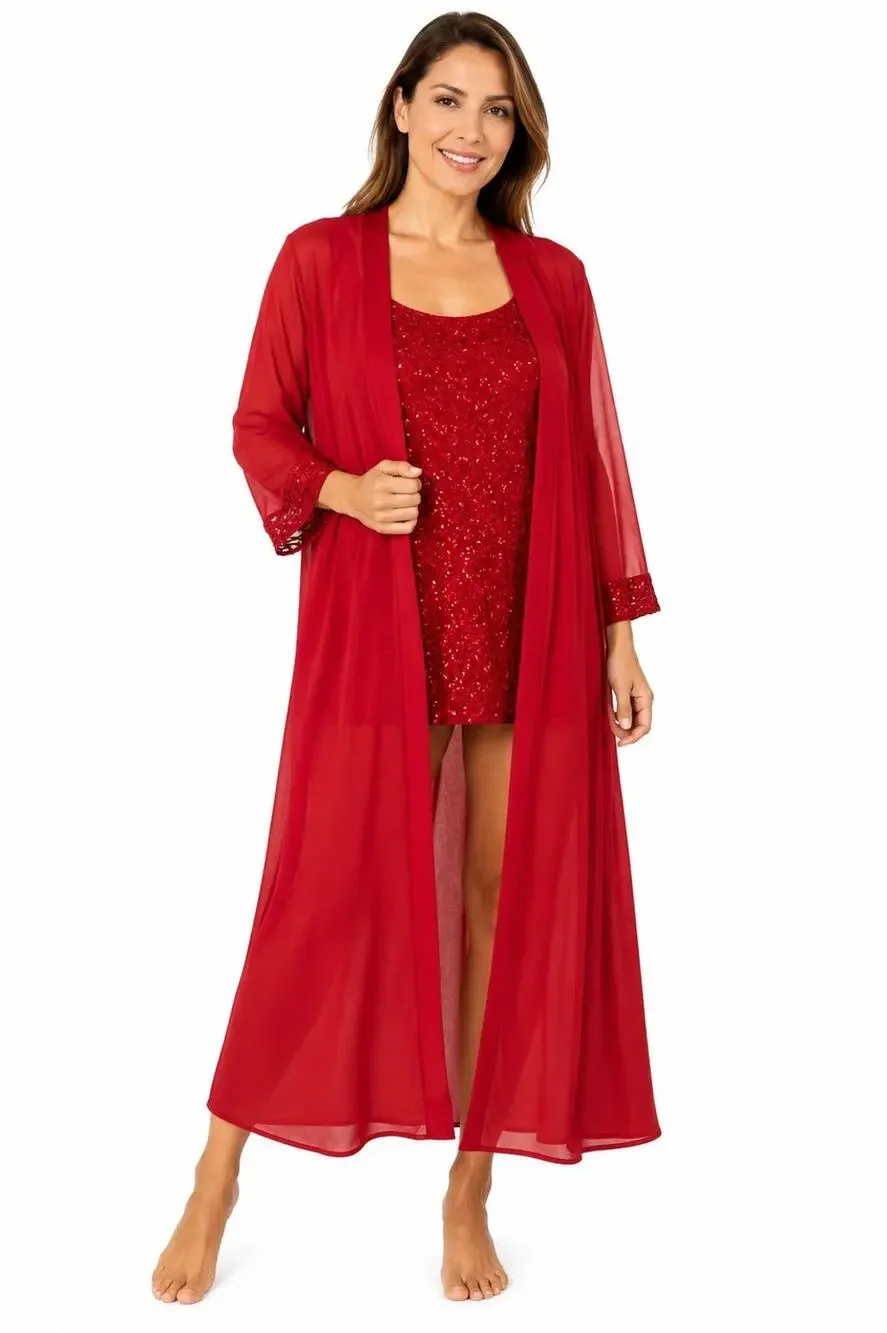 Roaman's 2 Pc Plus Size 42W Red Sequin Lace Tank & Long Sheer Open Front Duster